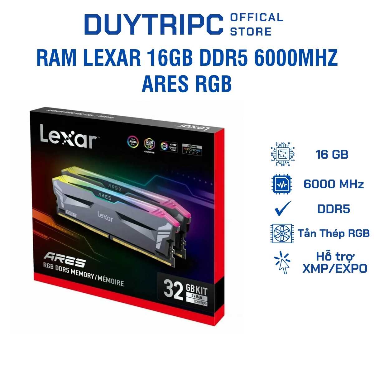 RAM Lexar 16GB DDR5 6000MHz Ares RGB – Hiệu Năng Cực Đỉnh, Trải Nghiệm Gaming Đẳng Cấp